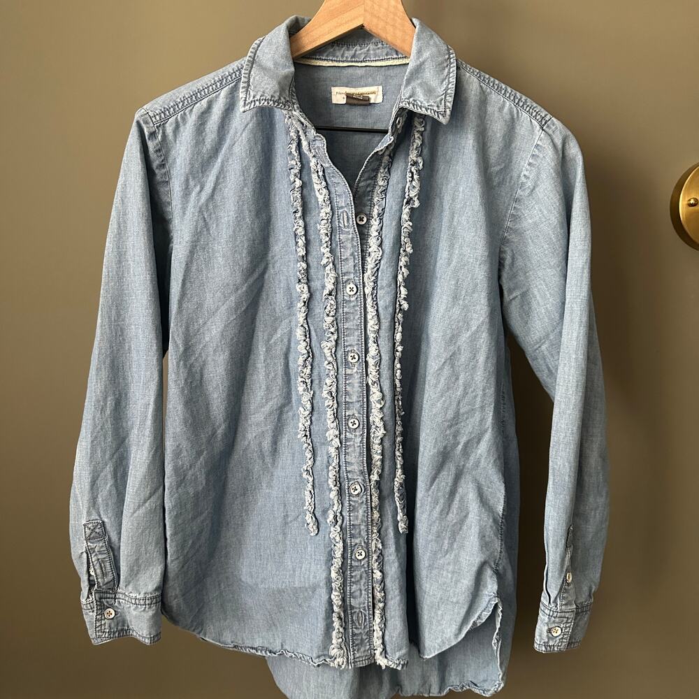 Anthropologie Pilcro Juni Ruffled Denim Button Down Shirt Small Womens - Picture 2 of 6
